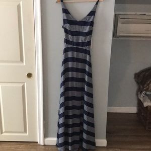 Navy and white striped full length dress